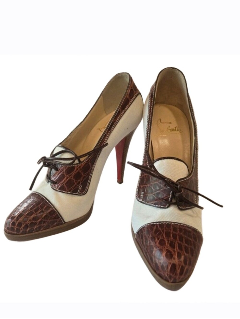 Auth Christian Louboutin Brown & Cream Leather Lace-Up Pumps 36.5